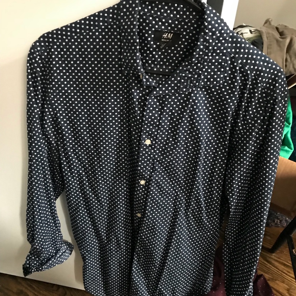 H&M Navy Blue Polka Dot Button Down Medium